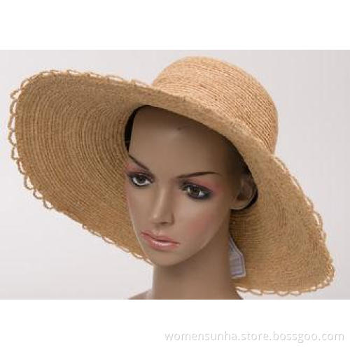 12cm Big Brim Crochet Raffia Sun Hats , Flower Natural Colo